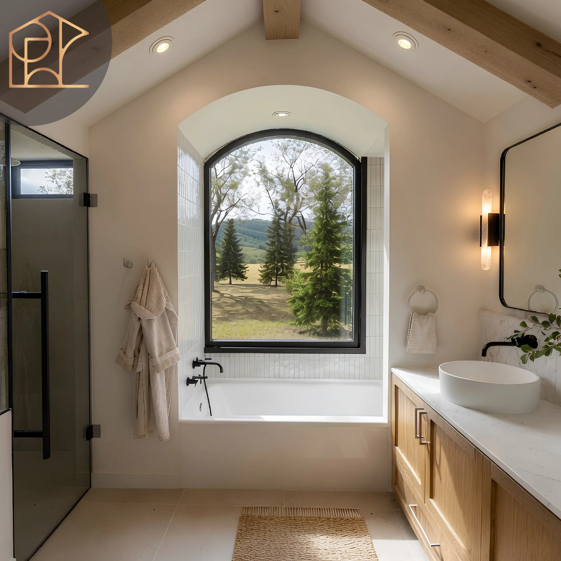 Salle de bain avec baignoire et fenêtre arquée, Summex Design