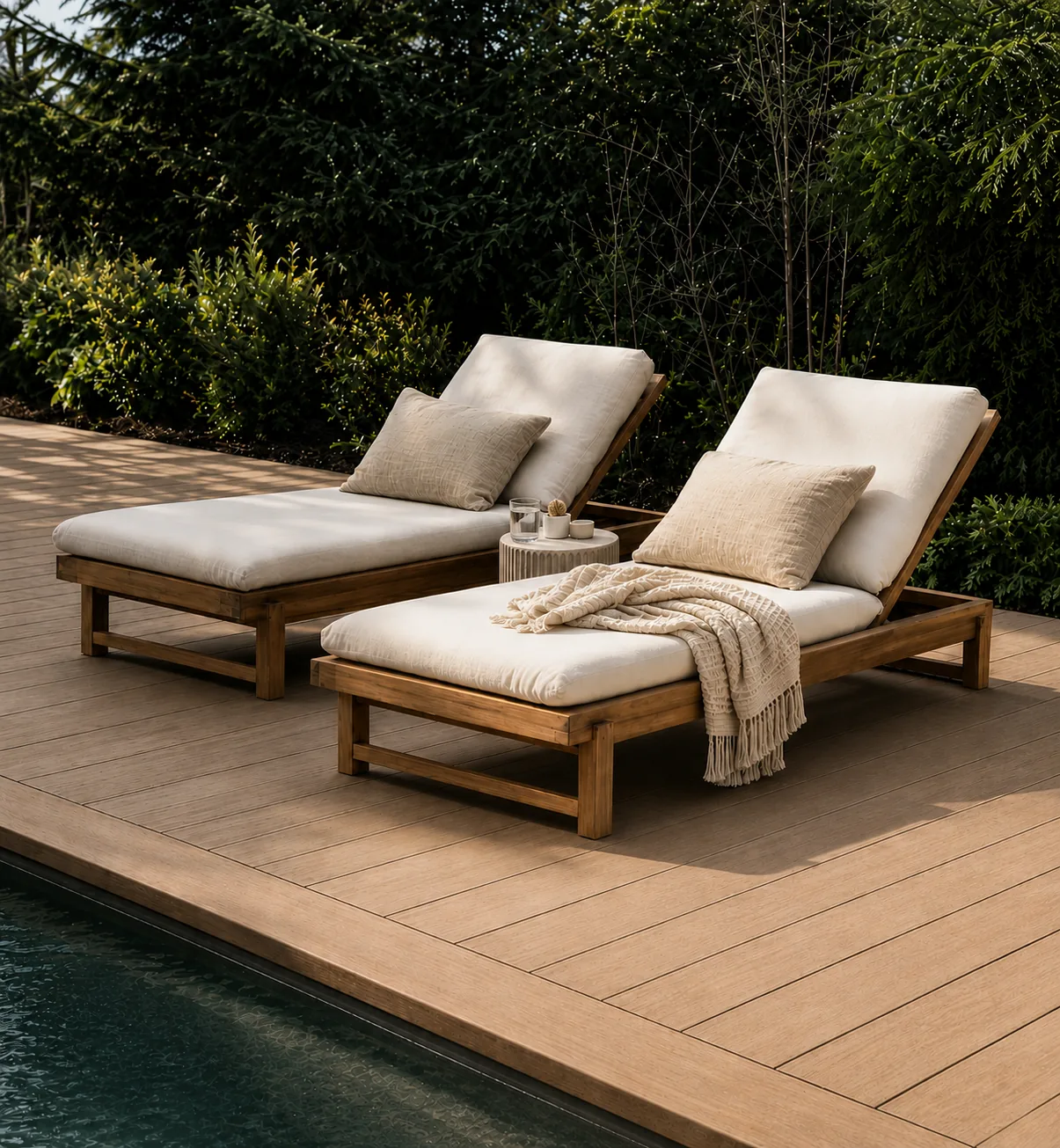 Chaises longues de bois sur une terrasse en composite au bord d'une piscine