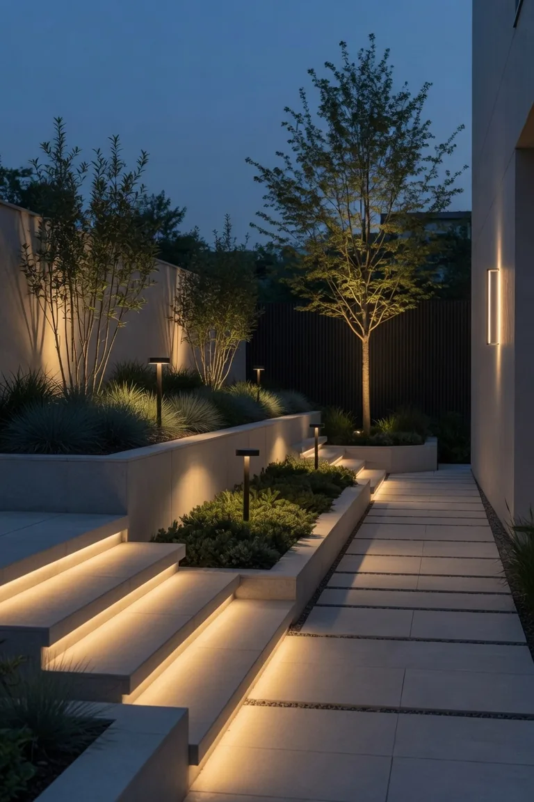 Éclairage de marches d'un sentier de jardin la nuit