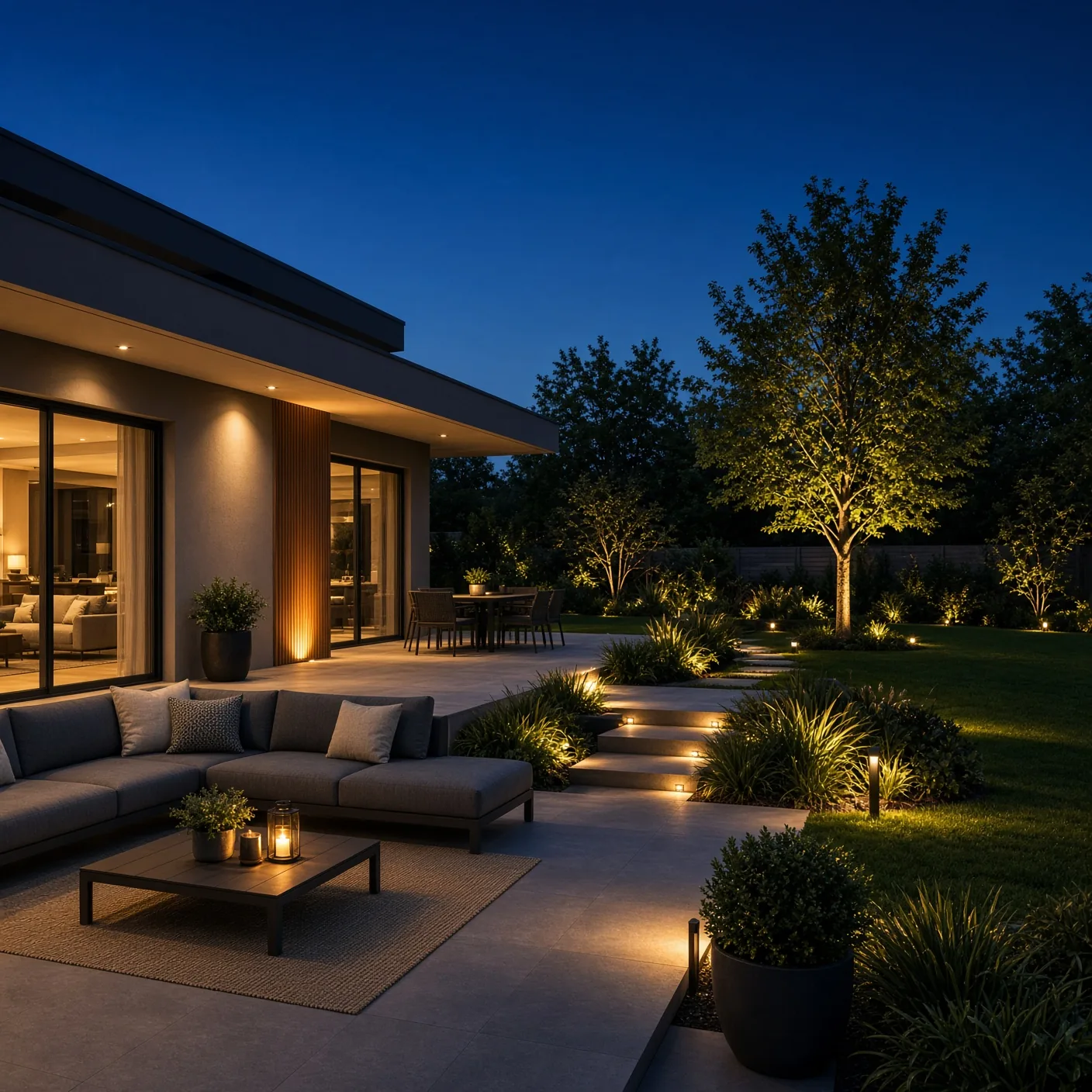 Éclairage paysager d'une terrasse et de ses marches, la nuit