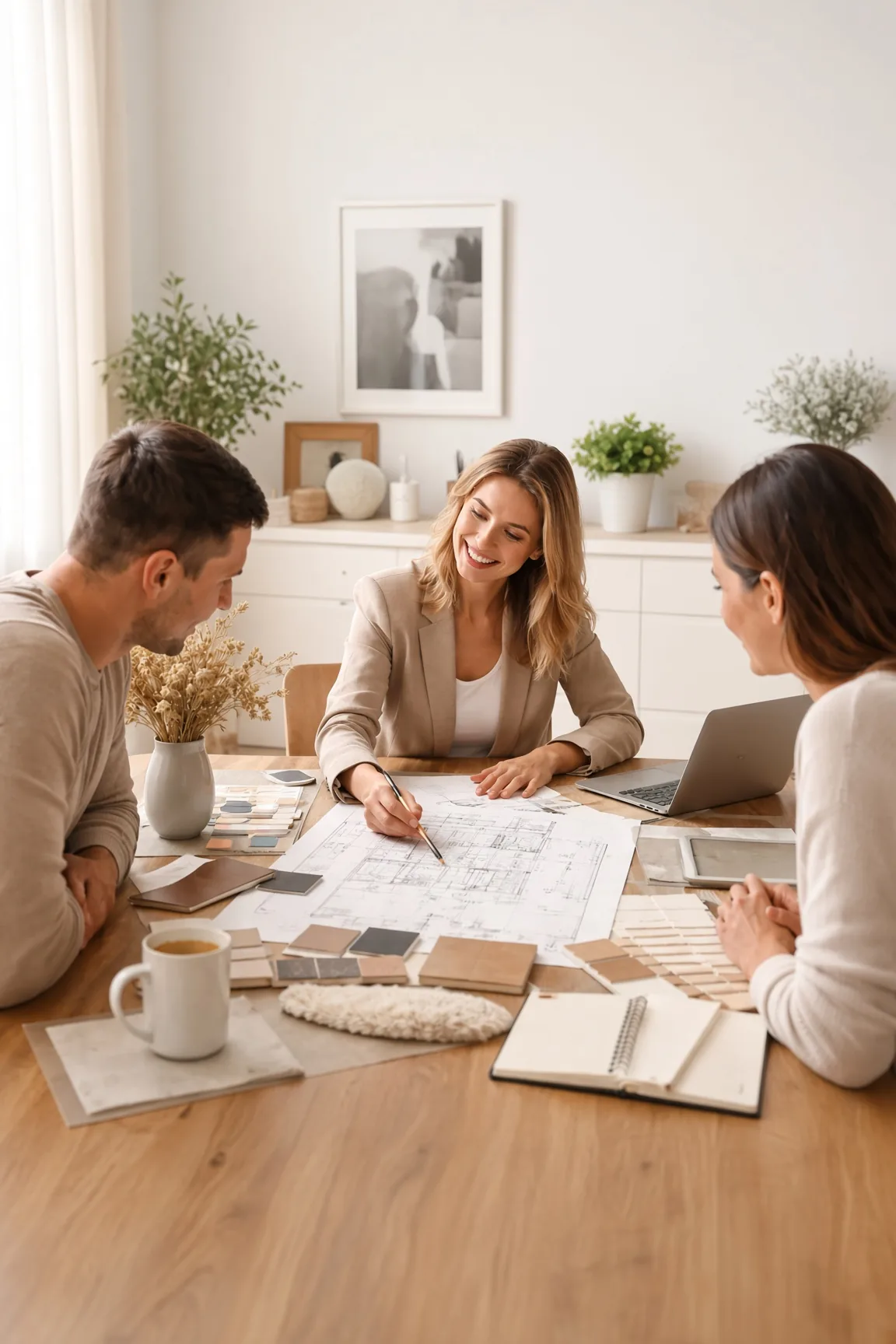Consultation initiale : une designer Summex présente plans et échantillons de matériaux à un couple