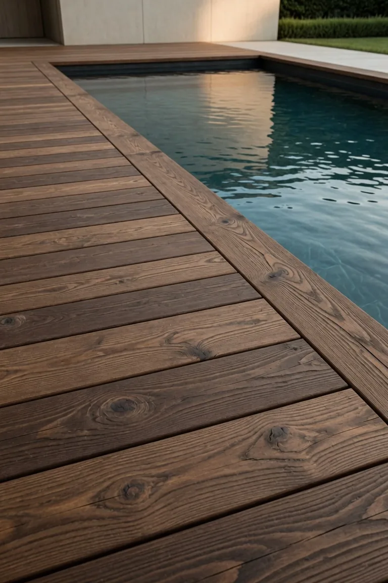 Lattes de bois traité brun sur une terrasse au bord d'une piscine