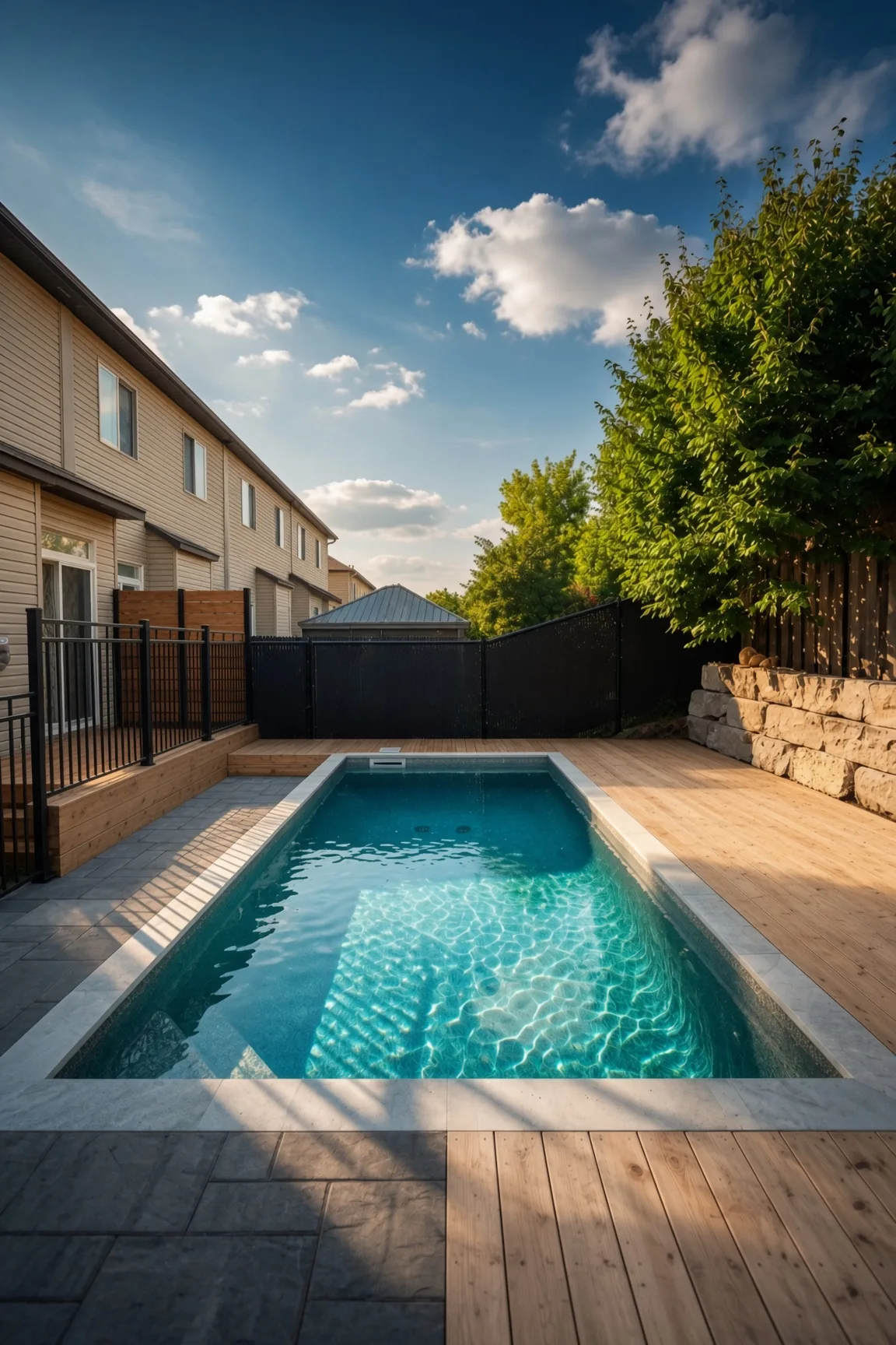 Patio en cèdre rouge de l'ouest entourant une piscine creusée en cour arrière