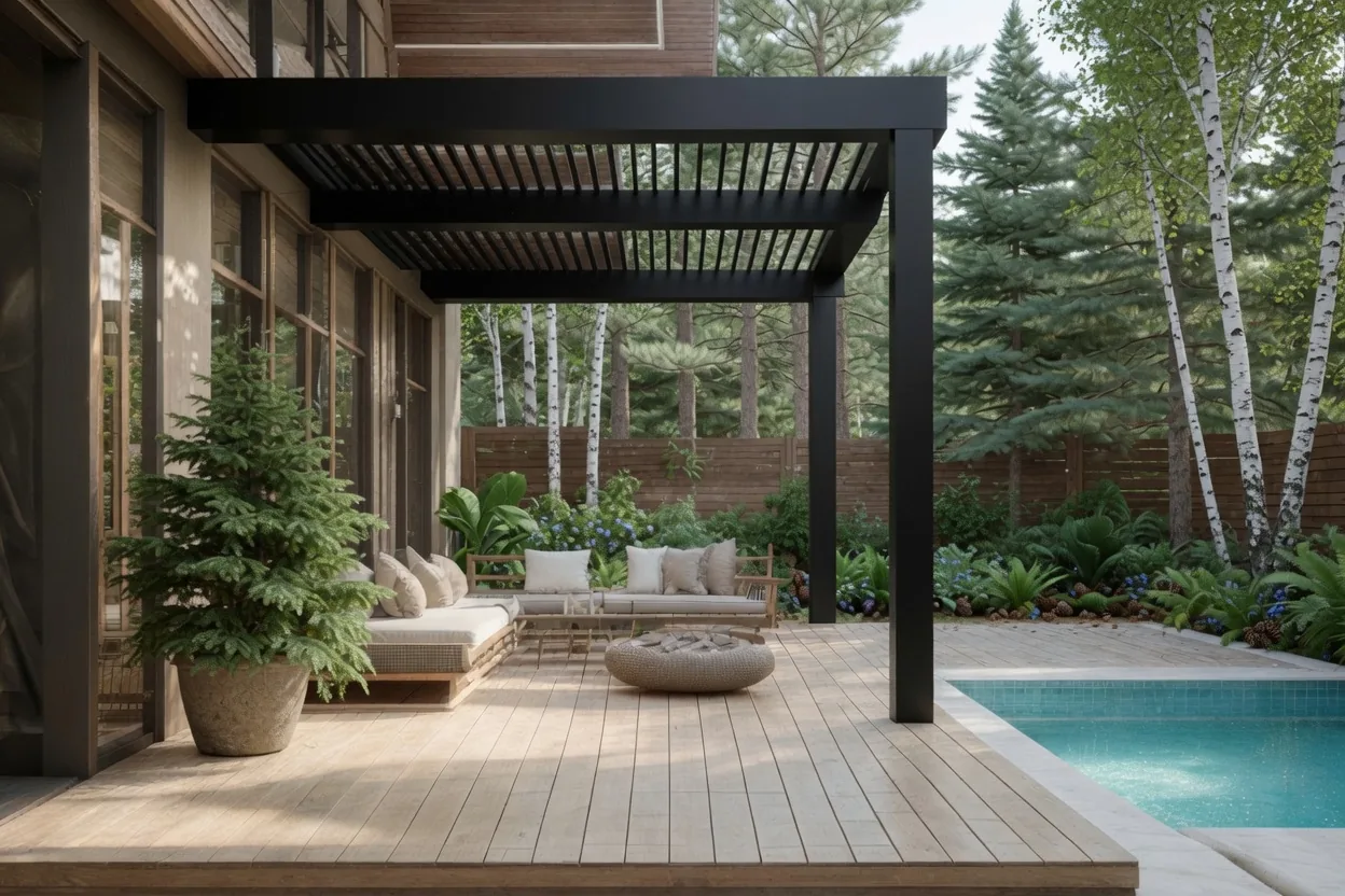 Pergola bioclimatique en aluminium au bord d'une piscine