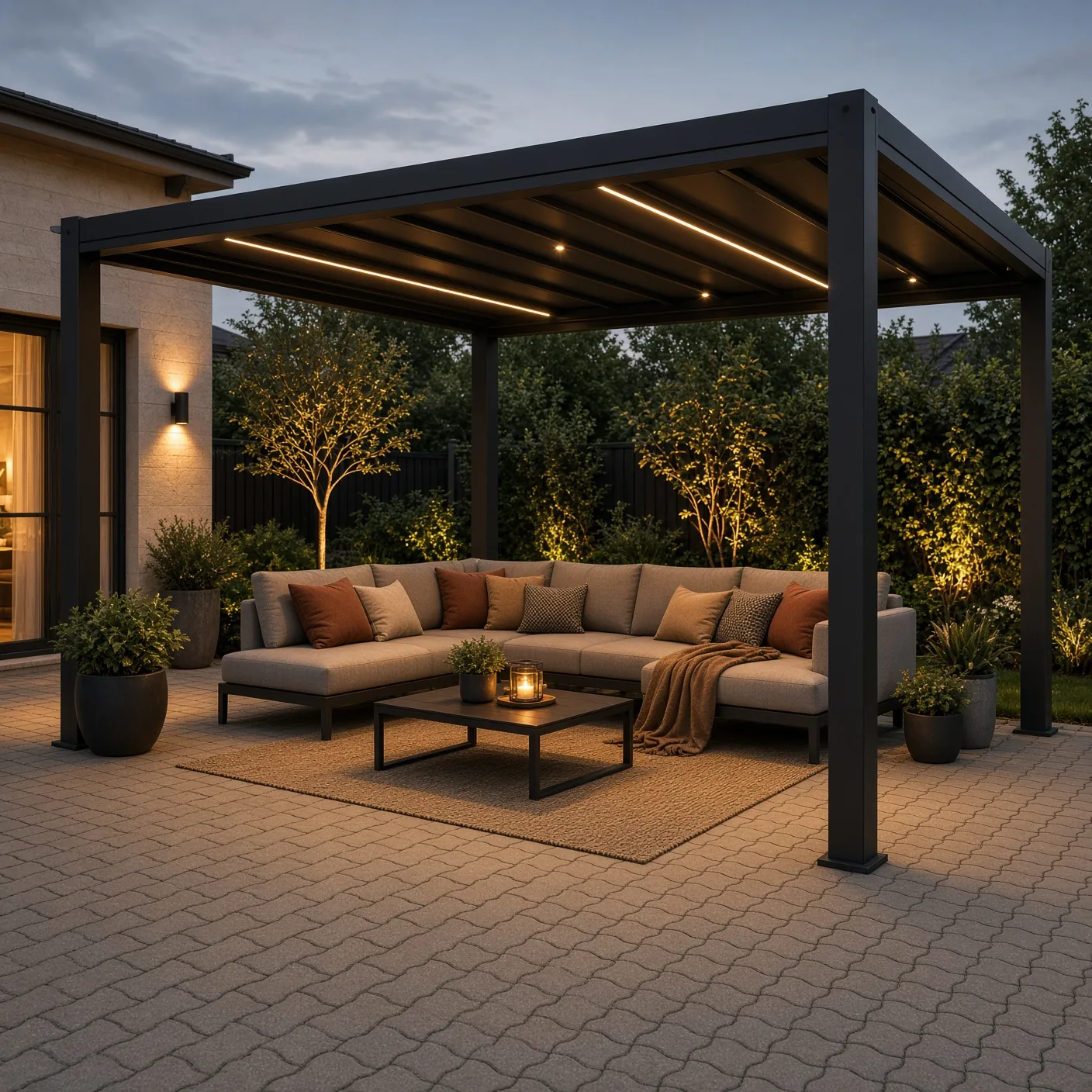 Pergola d'aluminium noir éclairée abritant un salon extérieur
