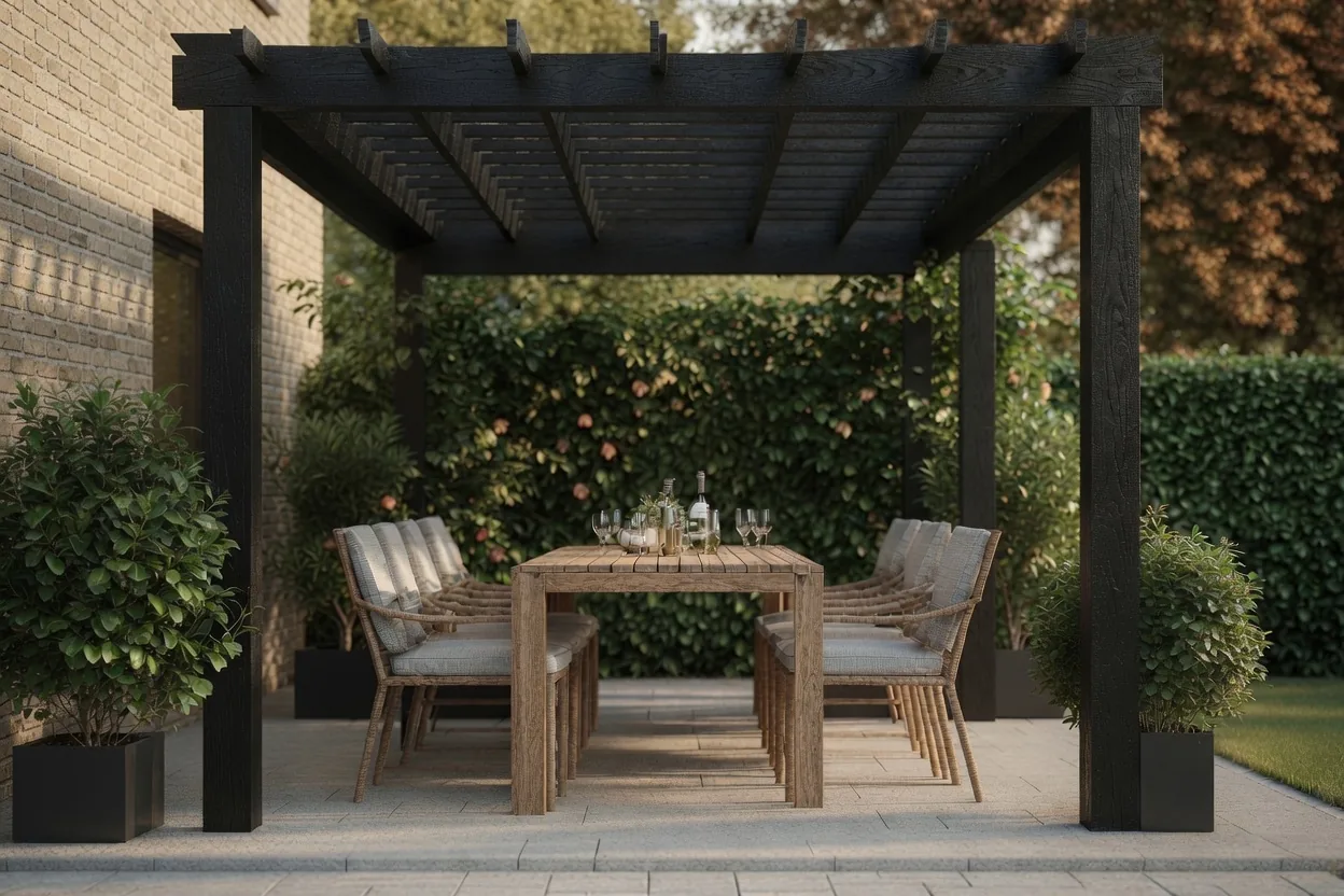 Pergola de bois noir abritant une salle à manger extérieure