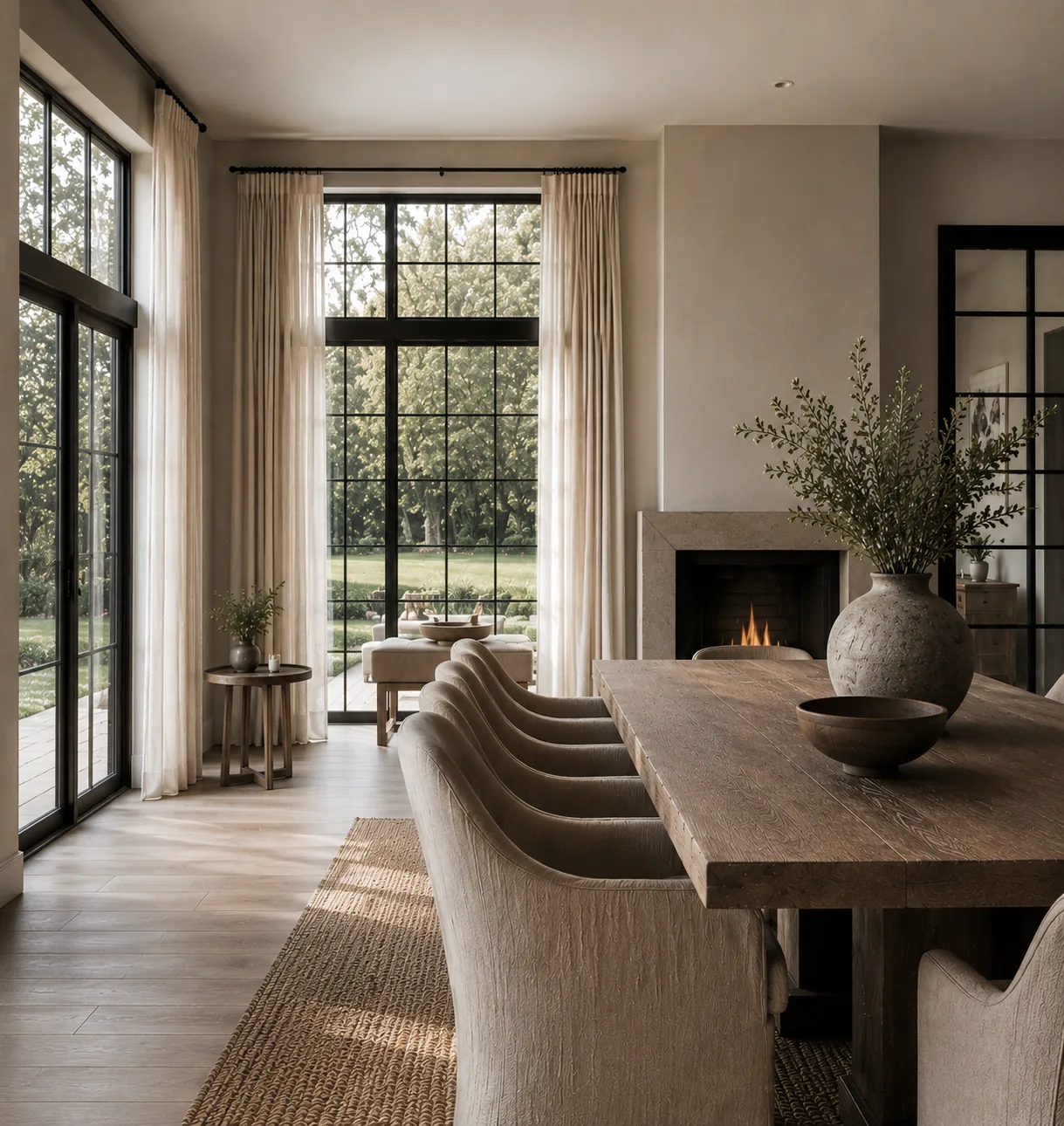 Salle à manger avec foyer et baies vitrées, forfait de design en ligne Summex