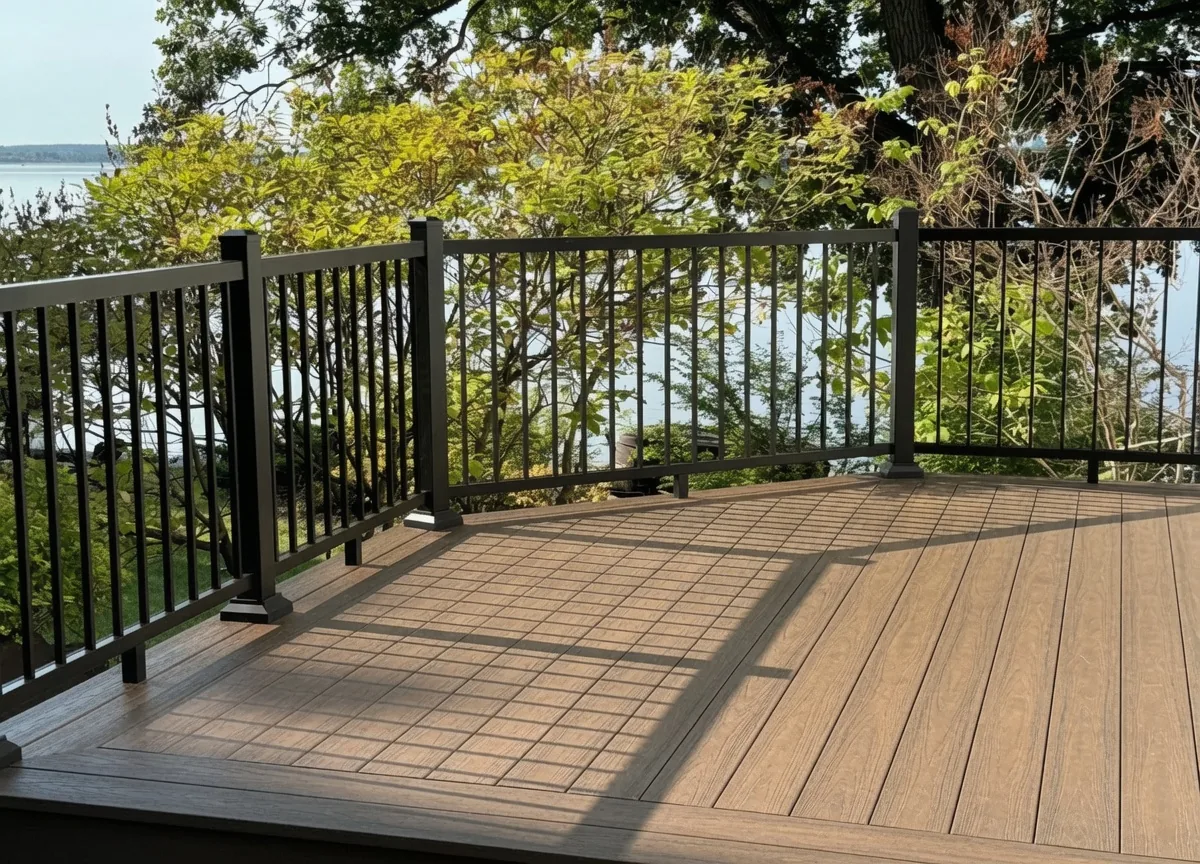 Terrasse avec rampe d'aluminium noir donnant sur un lac