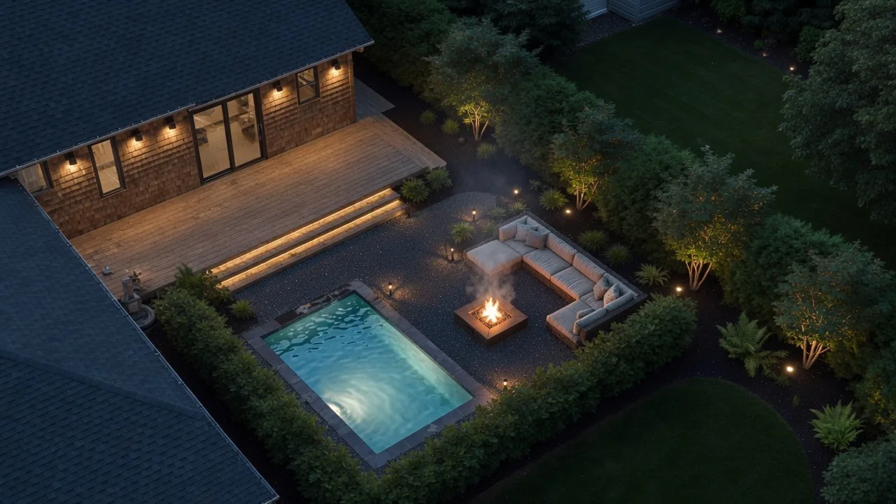 Aménagement extérieur complet avec piscine et foyer, réalisation Summex