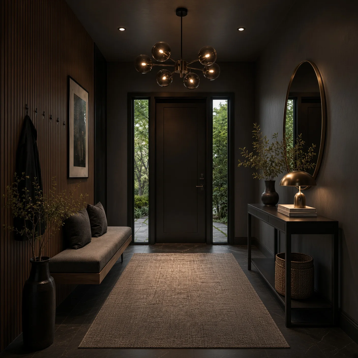 Entrée aux murs sombres avec banquette, miroir et lustre, conçue par Summex Design