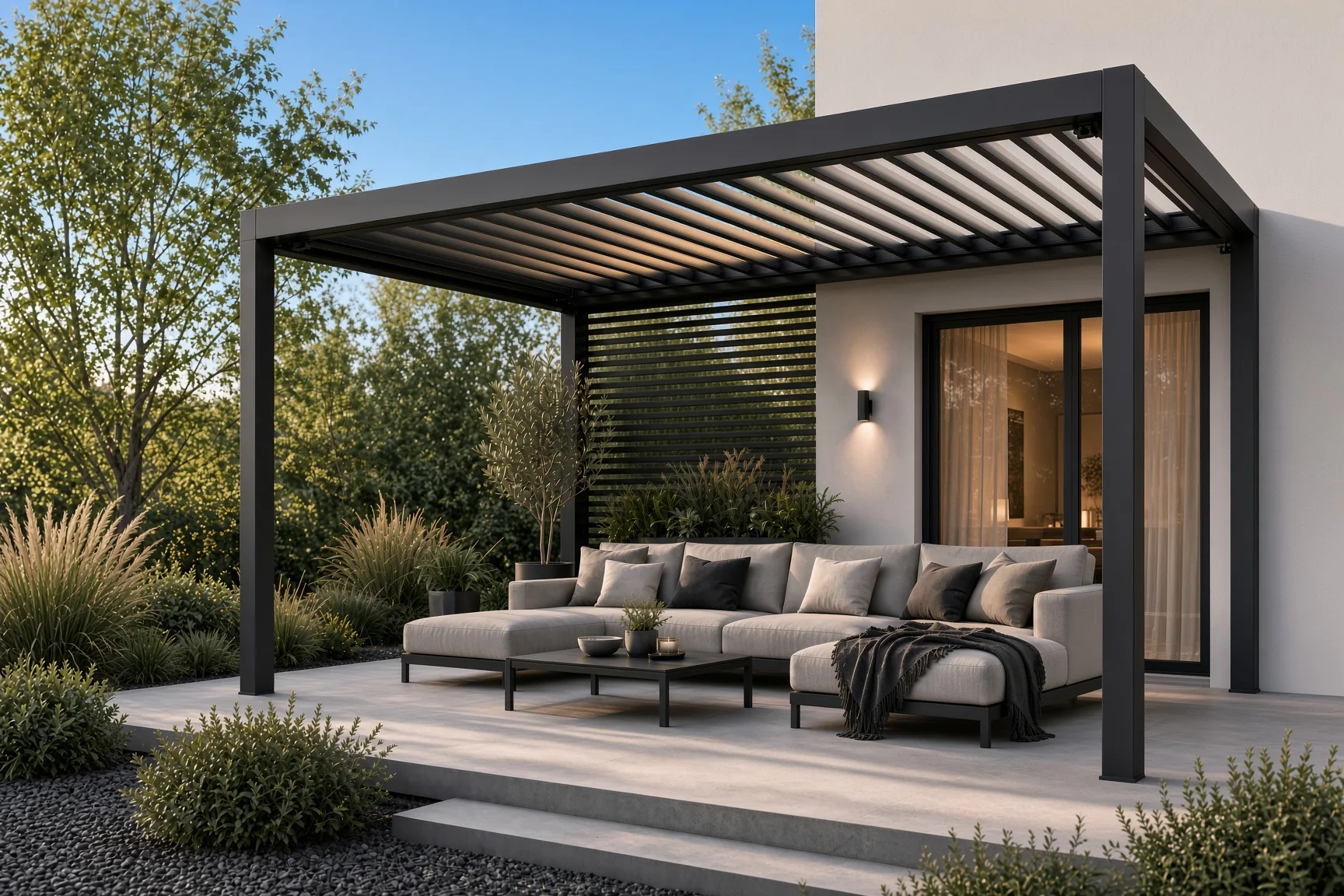 Pergola bioclimatique en aluminium abritant un salon extérieur, vue d'ensemble de l'aménagement