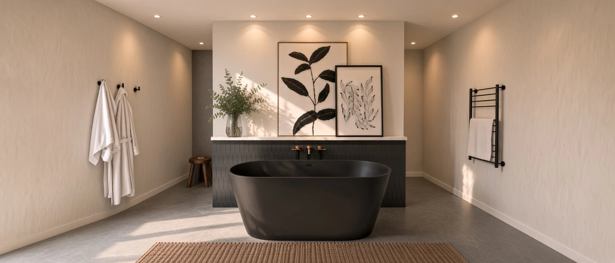 Salle de bain avec baignoire noire, réalisation Summex Design
