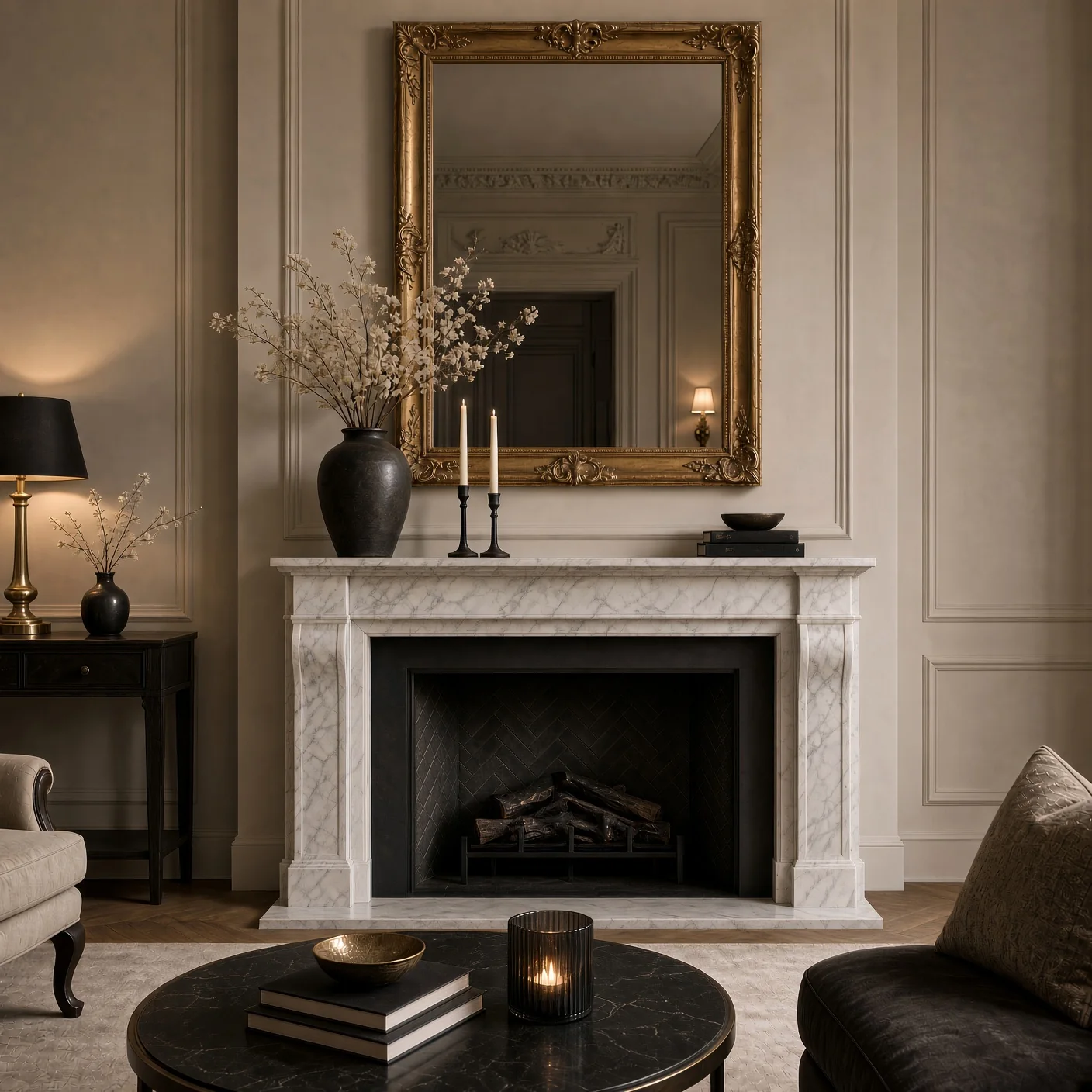 Salon avec foyer de marbre et miroir doré, conçu par Summex Design