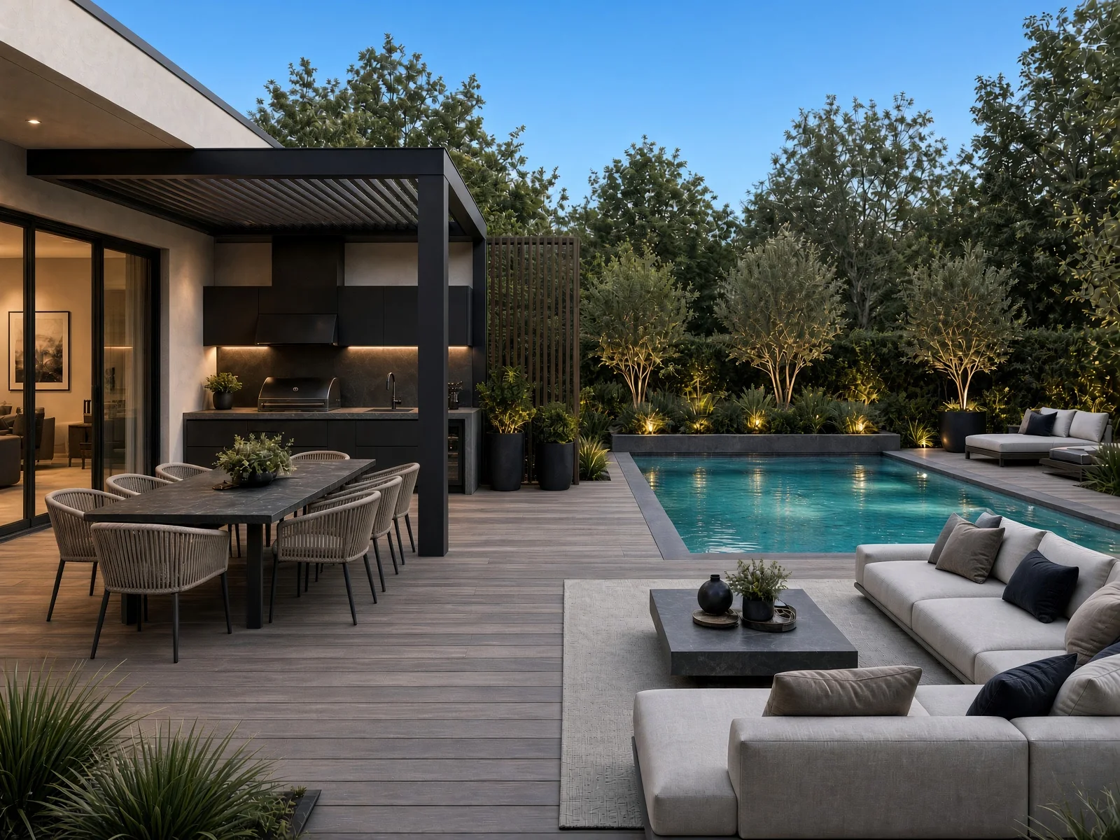 Terrasse avec pergola, salle à manger extérieure et piscine, réalisée par Summex